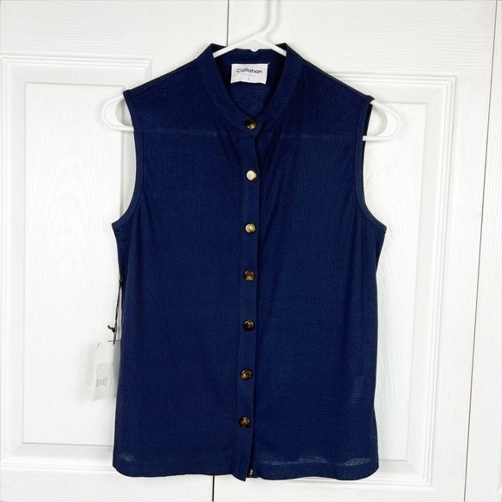 Callahan Revolve Ribbed Sleeveless Button Front Mira Top Navy Blue Size S NWT